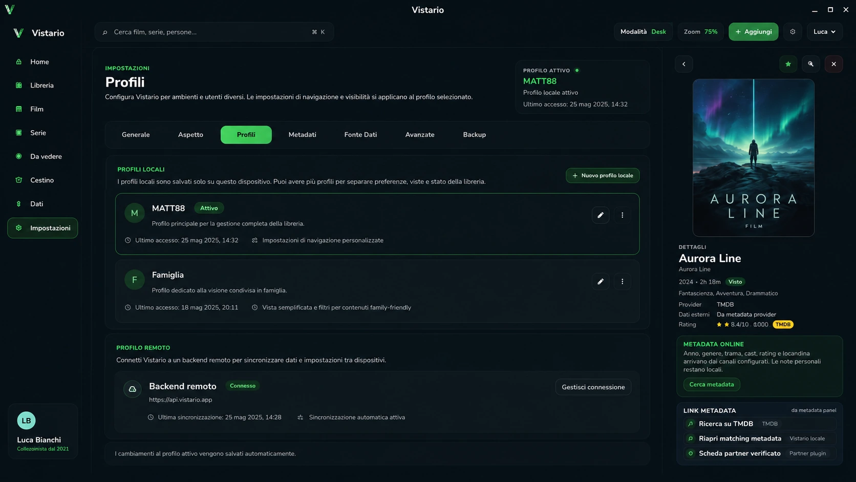 Demonstration Vistario profile management screen.